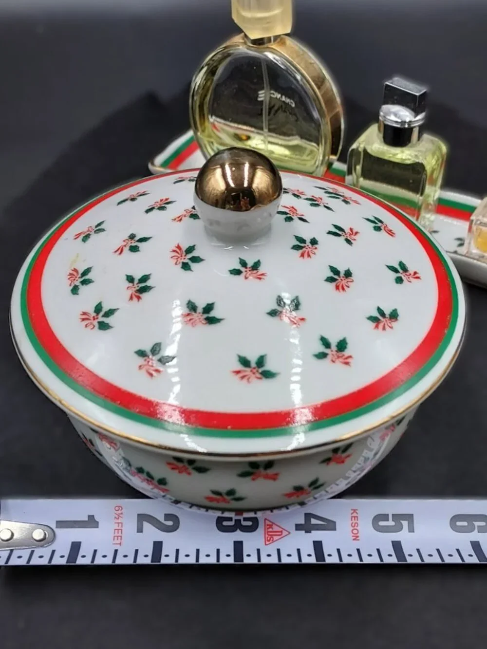 Vintage Lefton Handpainted Holly Holiday Covered Dish and Tray